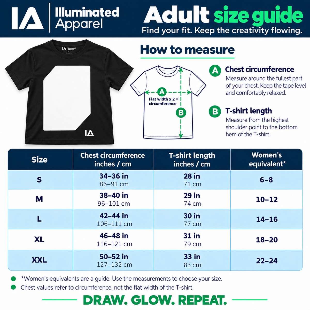 Adult size guide: chest circumference, T-shirt length and women's equivalent sizes for S to XXL