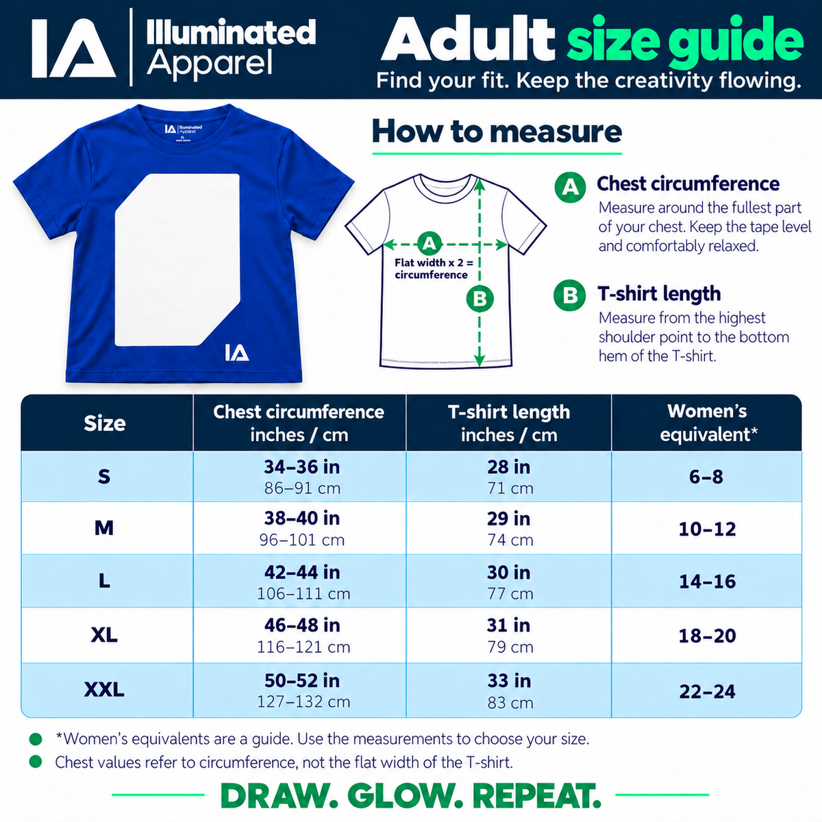 Adult size guide: chest circumference, T-shirt length and women's equivalent sizes for S to XXL