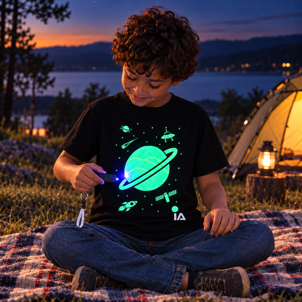 Kids’ Outer Space Glow T-Shirt with Rechargeable Glow Torch