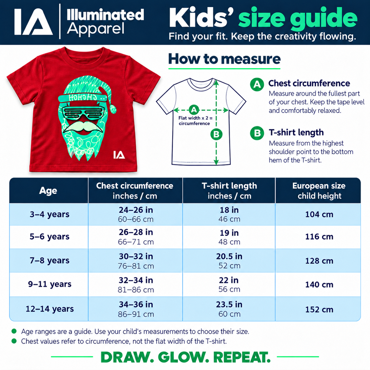 Kids size guide: how to measure, chest, T-shirt length and child height for ages 3 to 14