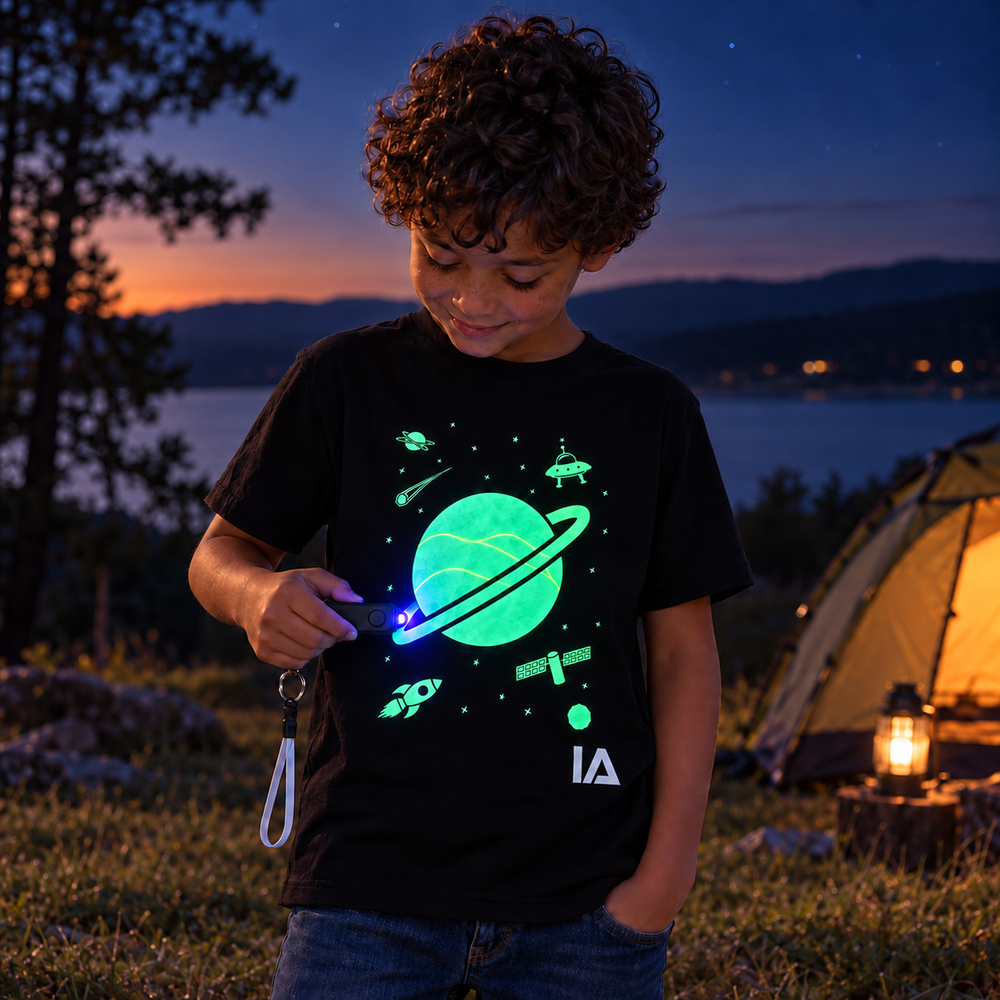 Kids’ Outer Space Glow T-Shirt with Rechargeable Glow Torch