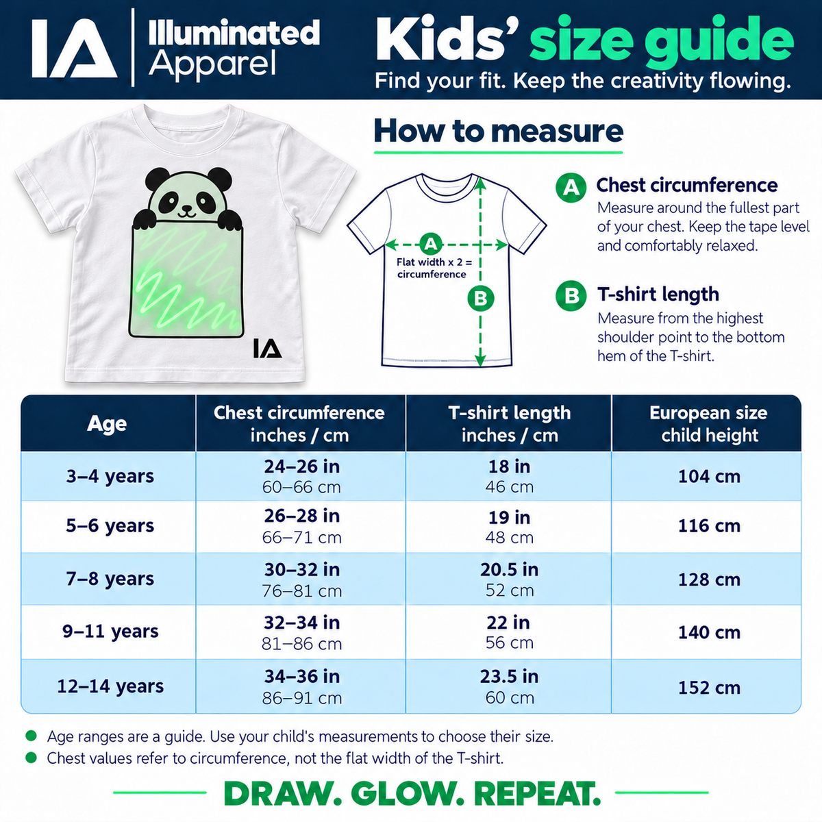 Kids size guide: how to measure, chest, T-shirt length and child height for ages 3 to 14