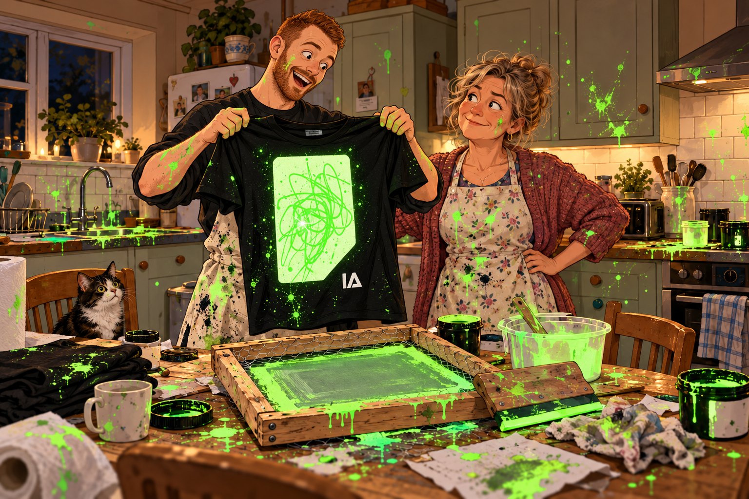 Illustration of Rob holding up a glowing T-shirt in his mum's kitchen, surrounded by glow ink splats, while his mum and the cat look on