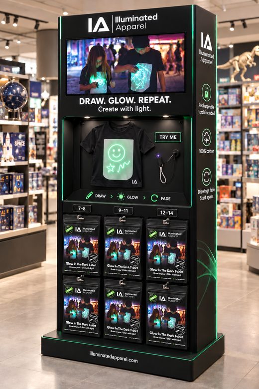Try-me floor stand with video screen, demo T-shirt and packs sorted by age
