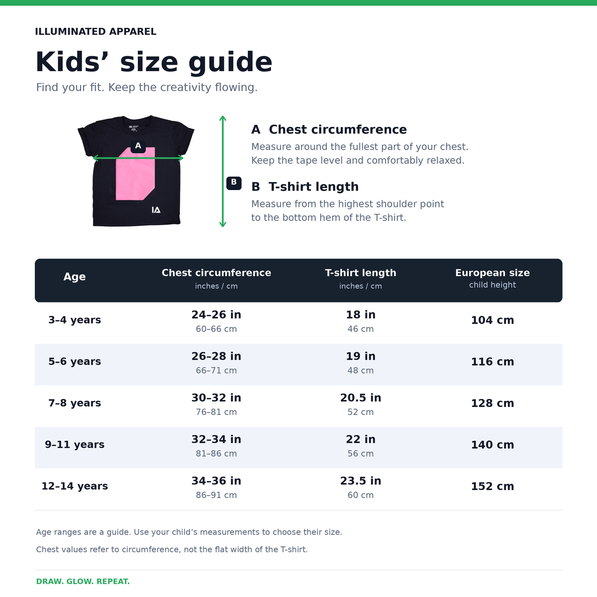 Kids size guide: how to measure, chest, T-shirt length and child height for ages 3 to 14