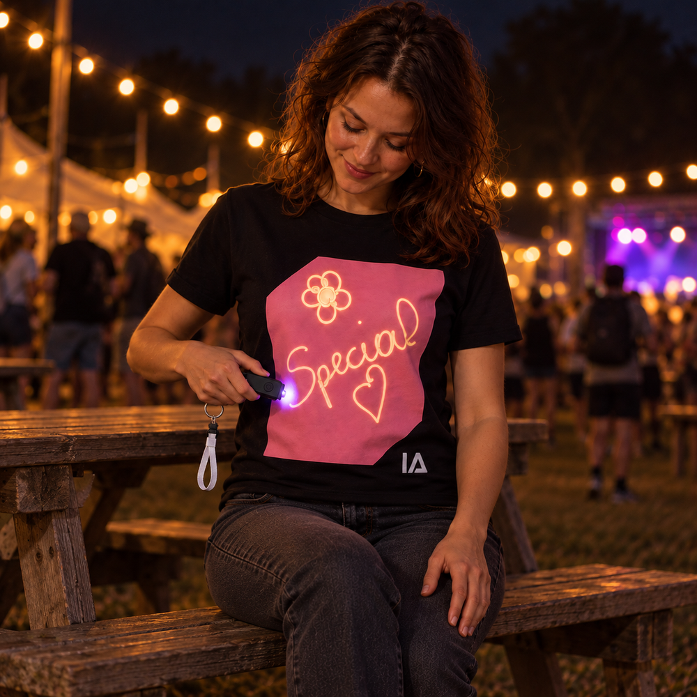 Adults’ Black and Pink Glow in the Dark T-Shirt with Rechargeable Torch