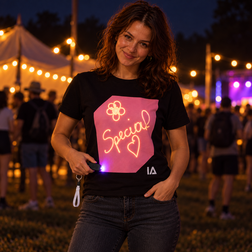 Adults’ Black and Pink Glow in the Dark T-Shirt with Rechargeable Torch
