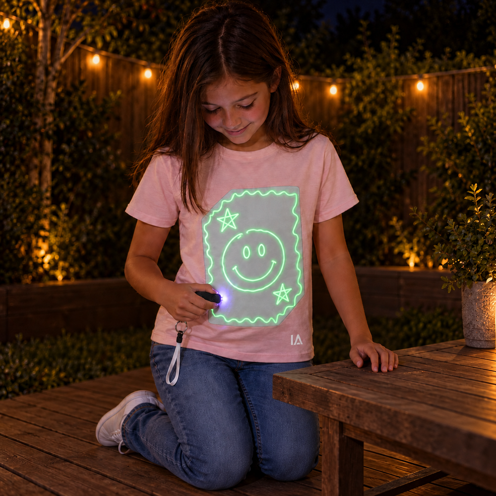 Kids’ Interactive Glow-in-the-Dark T-Shirt – Pink & Green Glow