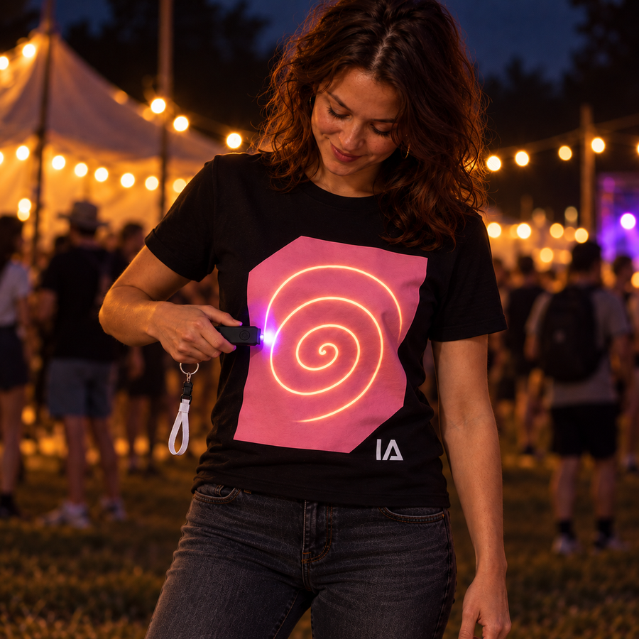 Woman drawing on her black and pink glow T-shirt at an evening festival