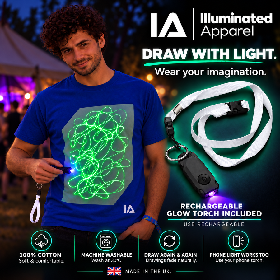 Draw with light. Wear your imagination. Rechargeable glow torch included, USB rechargeable, 100% cotton, machine washable at 30°C, draw again and again, phone light works too, made in the UK