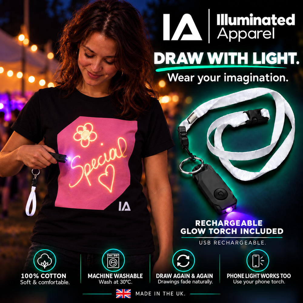 Adults’ Black and Pink Glow in the Dark T-Shirt with Rechargeable Torch