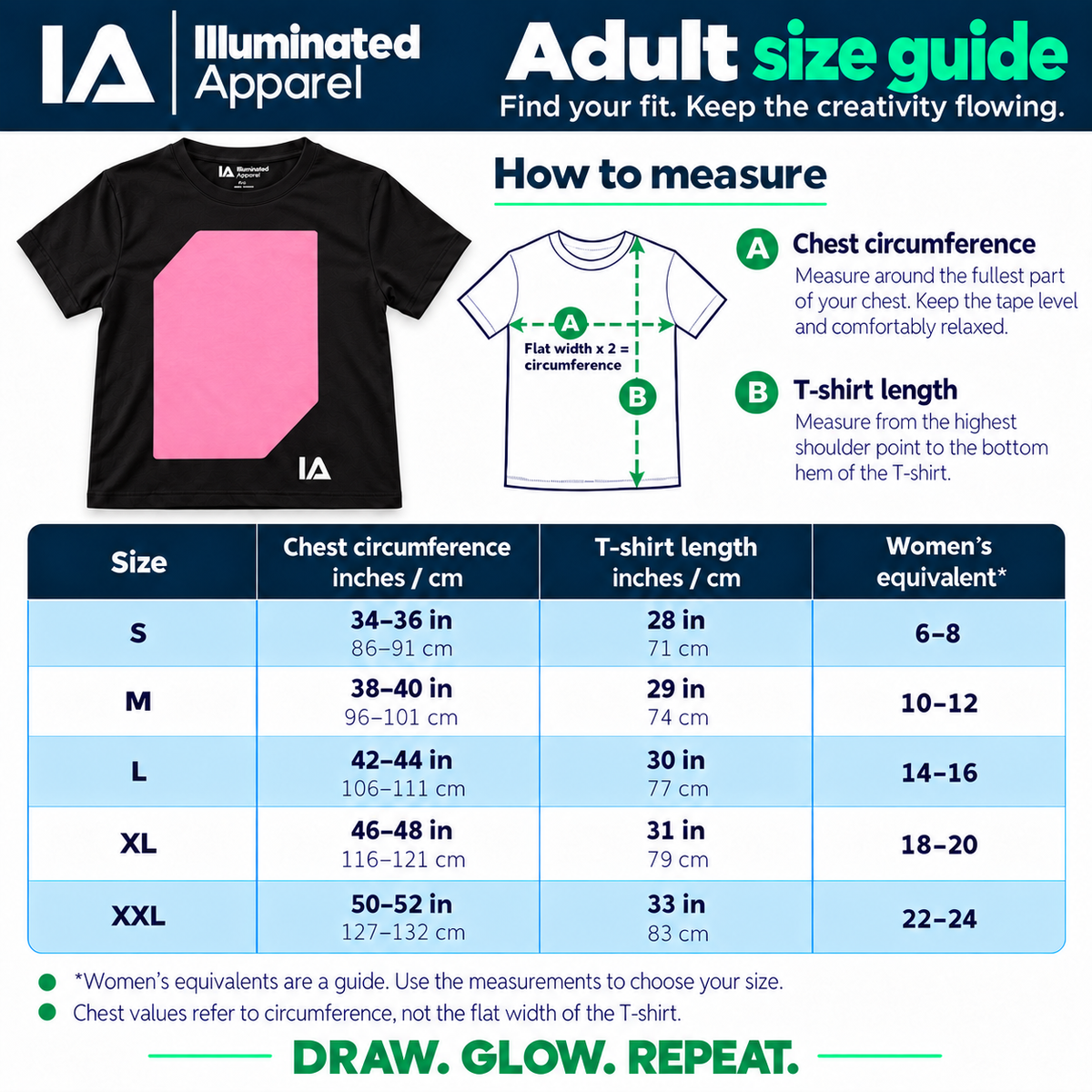 Adult size guide: chest circumference, T-shirt length and women's equivalent sizes for S to XXL