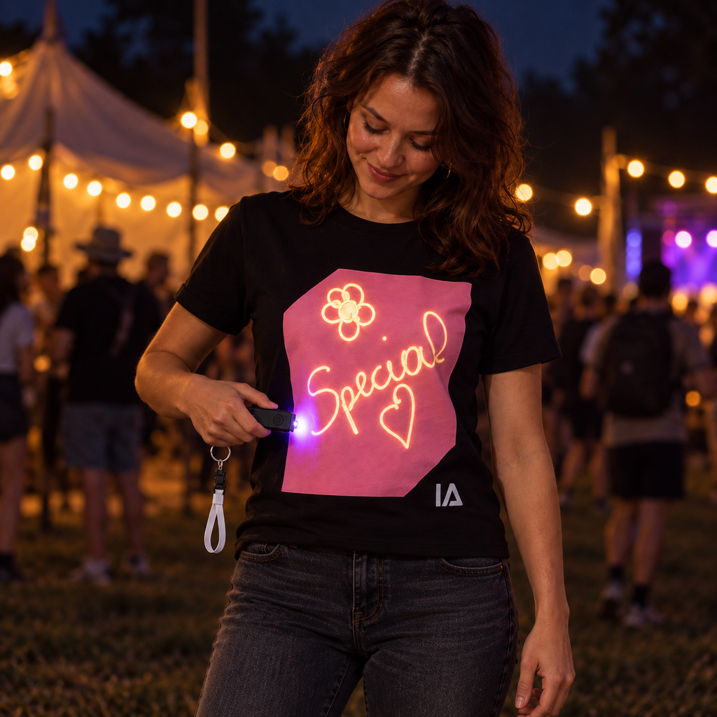 Adults’ Black and Pink Glow in the Dark T-Shirt with Rechargeable Torch
