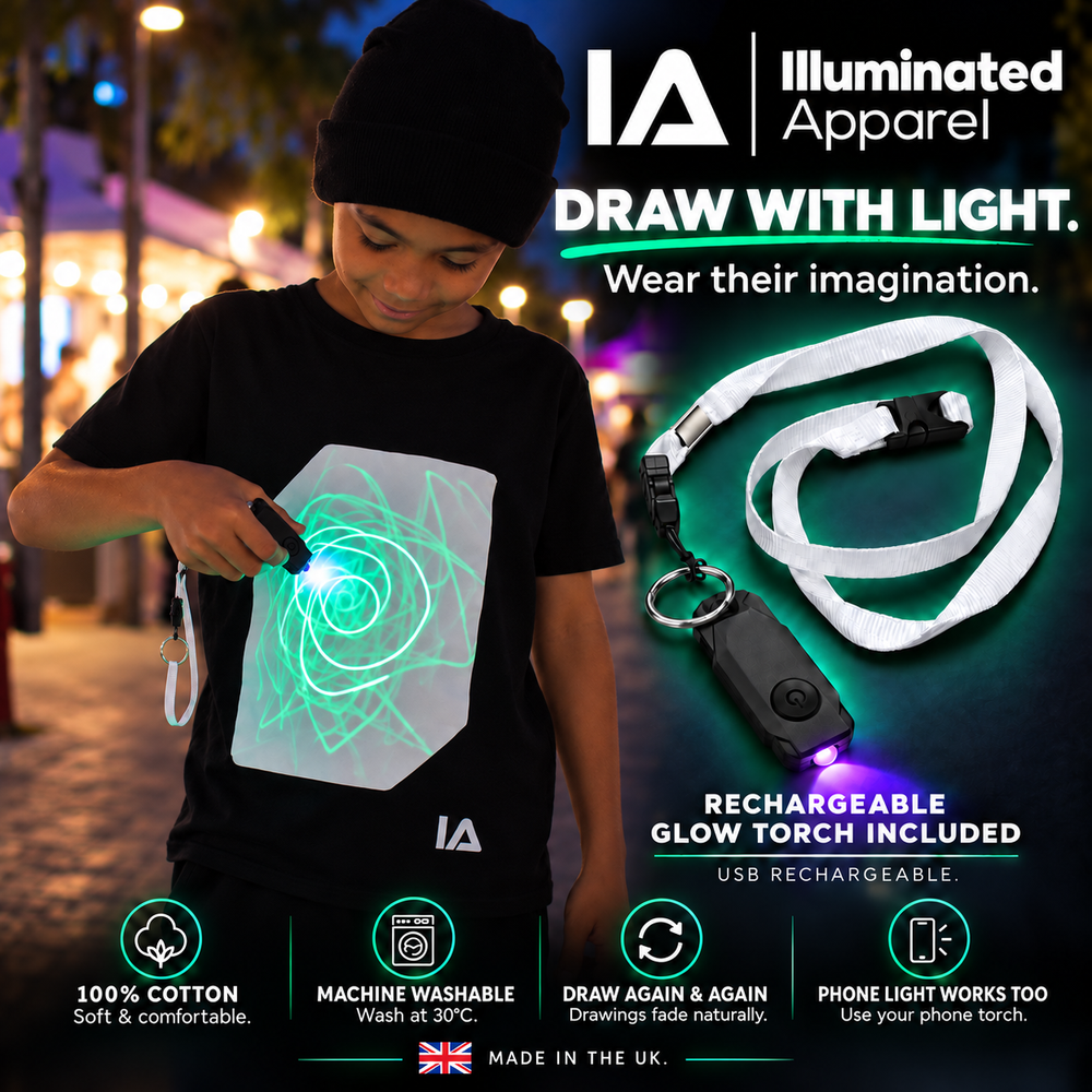 Kids’ Black & Green Interactive Glow T-Shirt with Rechargeable Torch