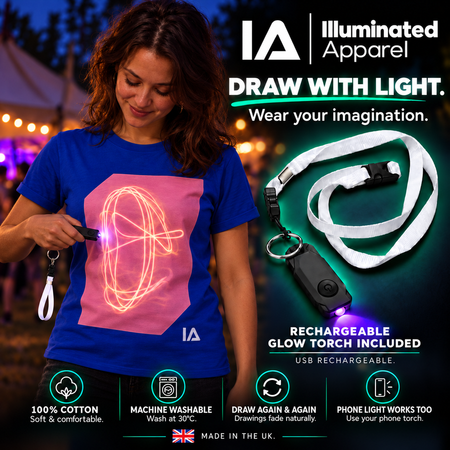 Draw with light. Wear your imagination. Rechargeable glow torch included, USB rechargeable, 100% cotton, machine washable at 30°C, draw again and again, phone light works too, made in the UK