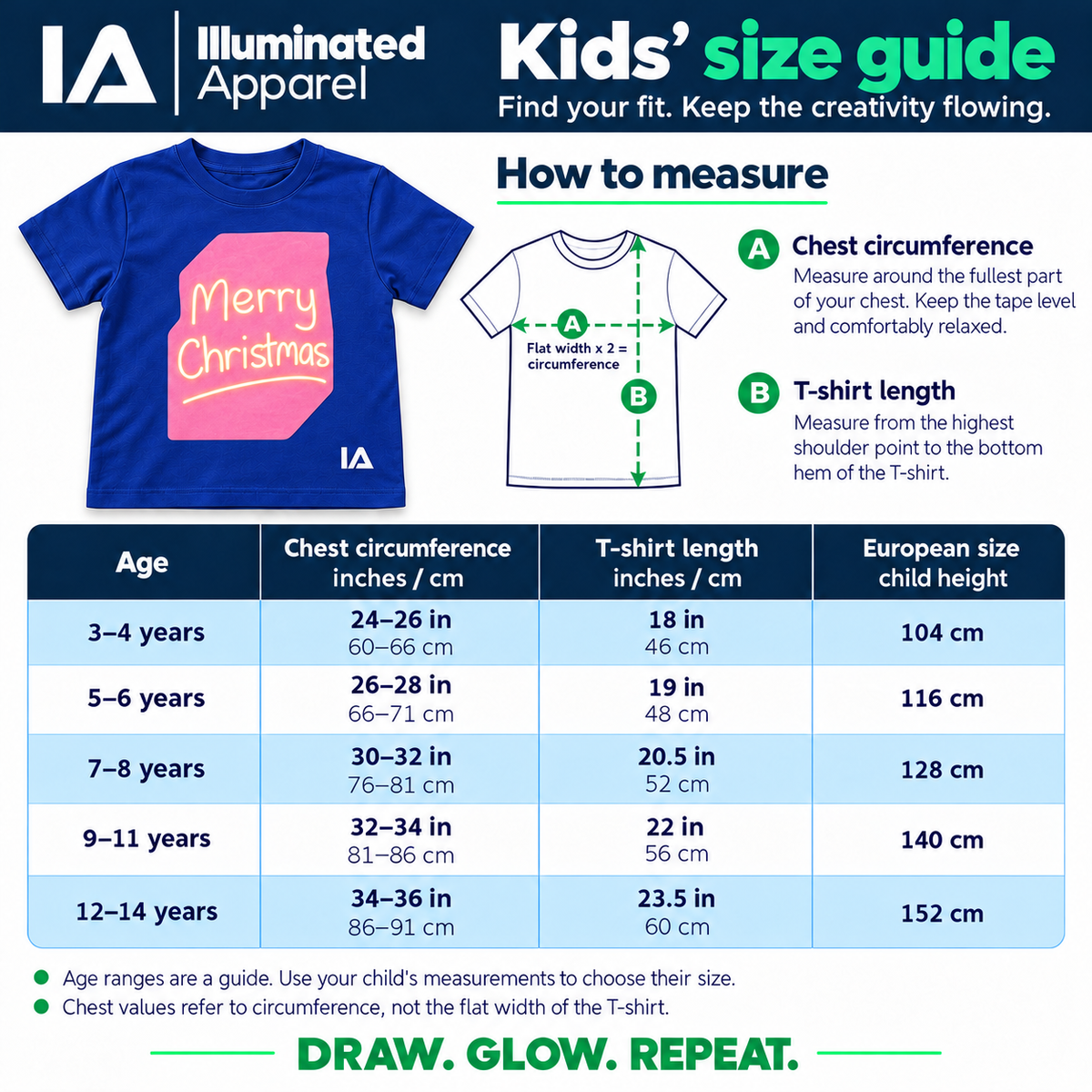 Kids size guide: how to measure, chest, T-shirt length and child height for ages 3 to 14