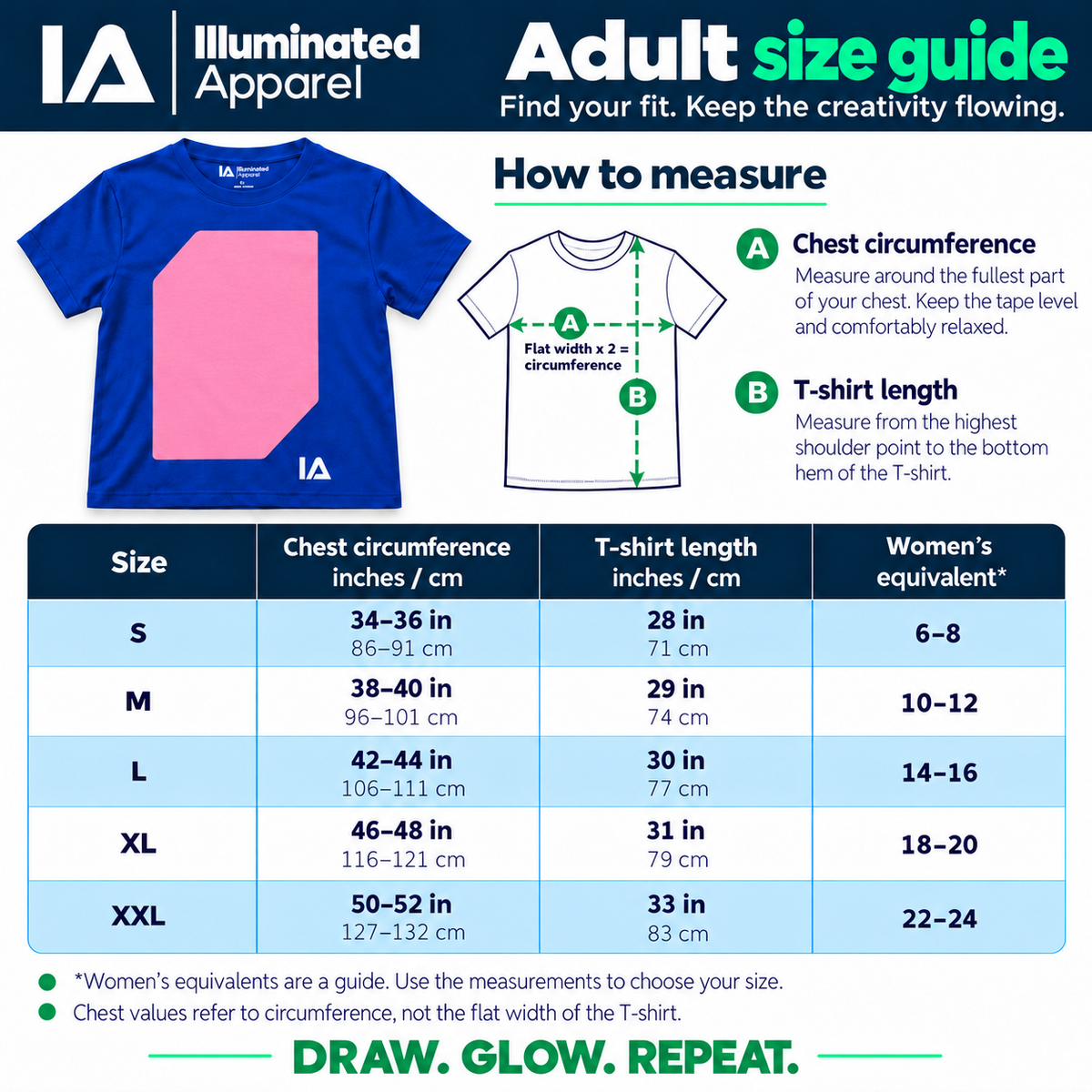 Adult size guide: chest circumference, T-shirt length and women's equivalent sizes for S to XXL