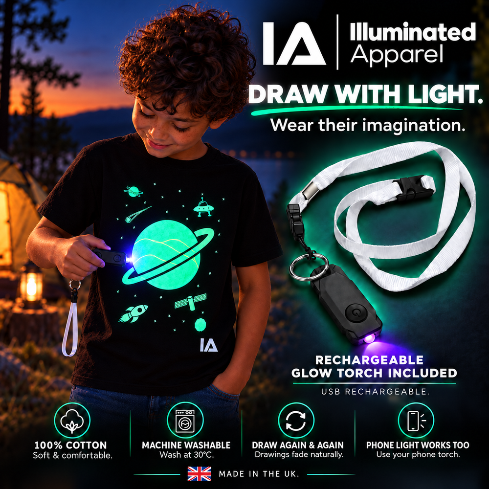 Kids’ Outer Space Glow T-Shirt with Rechargeable Glow Torch