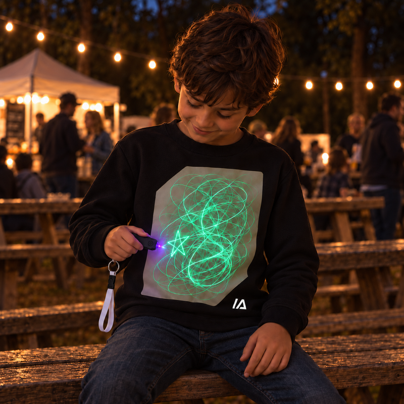 Girl in a black glow sweatshirt drawing a glowing heart on it with the glow torch at an evening market