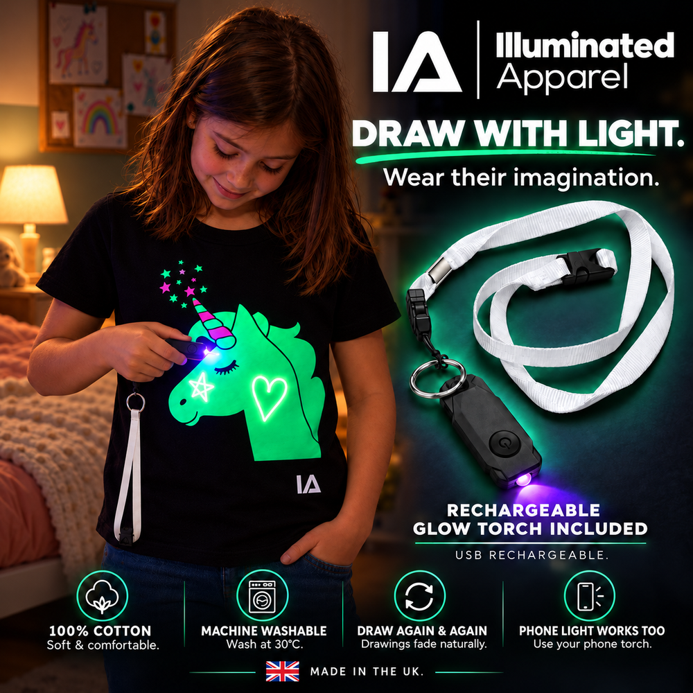Kids’ Unicorn Interactive Glow T-Shirt with Rechargeable Glow Torch