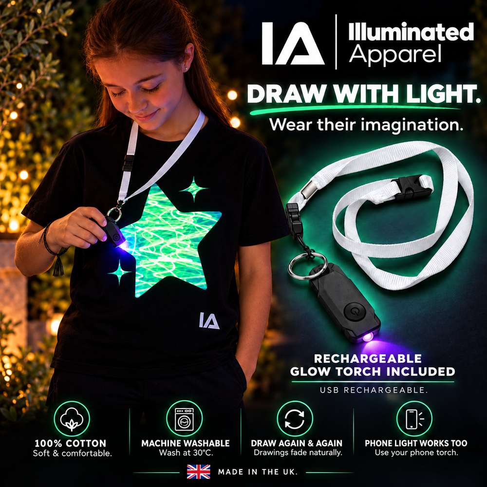 Kids’ Star Interactive Glow-in-the-Dark T-Shirt – Rechargeable Torch Included