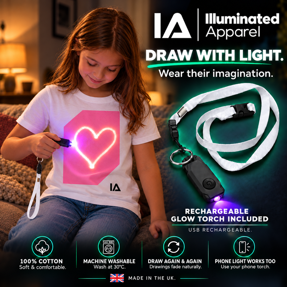 Kids’ White & Pink Glow T-Shirt with Rechargeable Torch