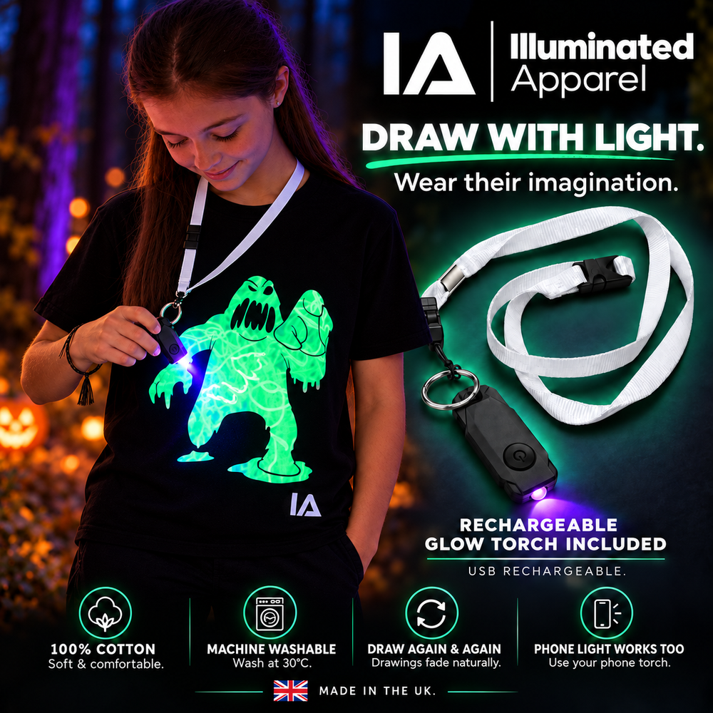 Kids’ Slime Monster Interactive Glow-in-the-Dark T-Shirt – Rechargeable Torch Included