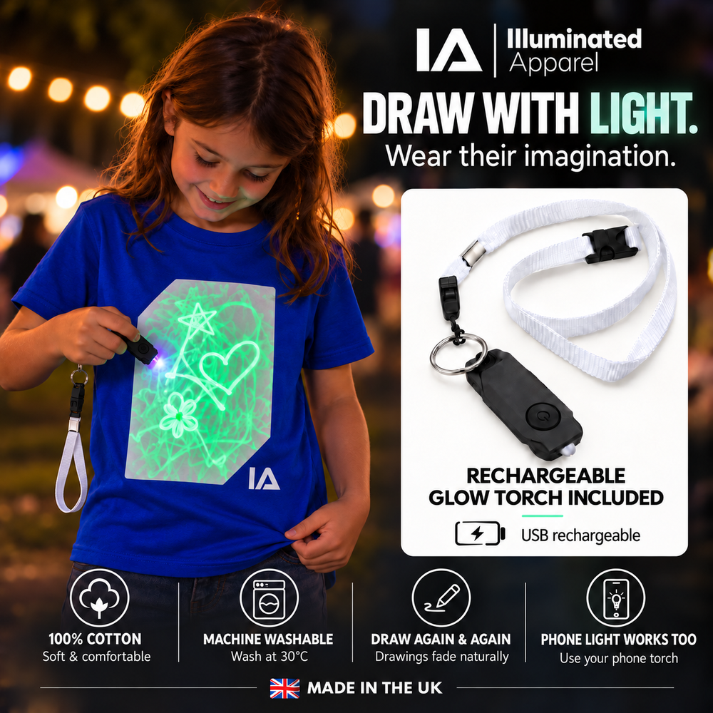 Kids’ Royal Blue Glow in the Dark T-Shirt with Rechargeable Torch