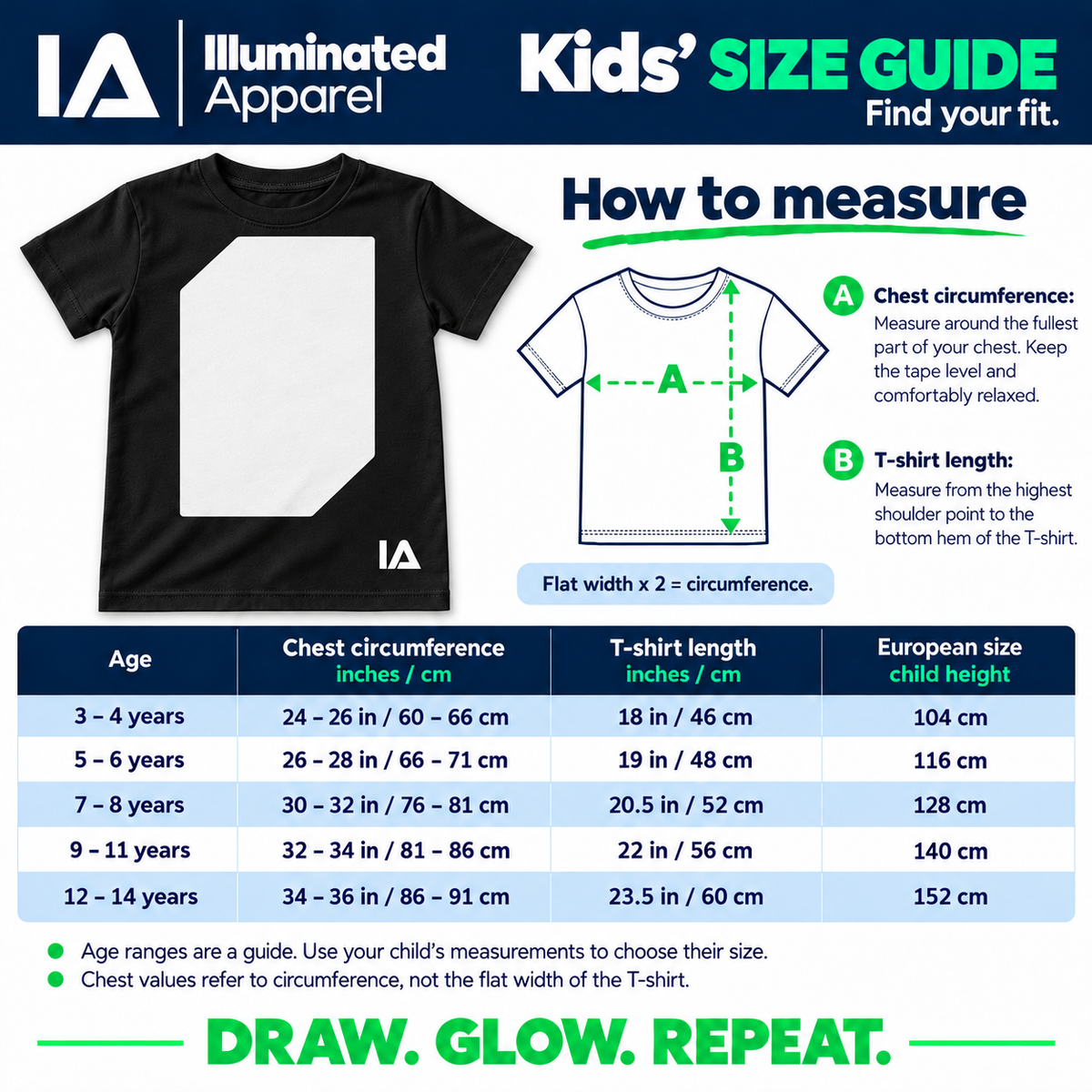 Kids size guide: how to measure, chest, T-shirt length and child height for ages 3 to 14