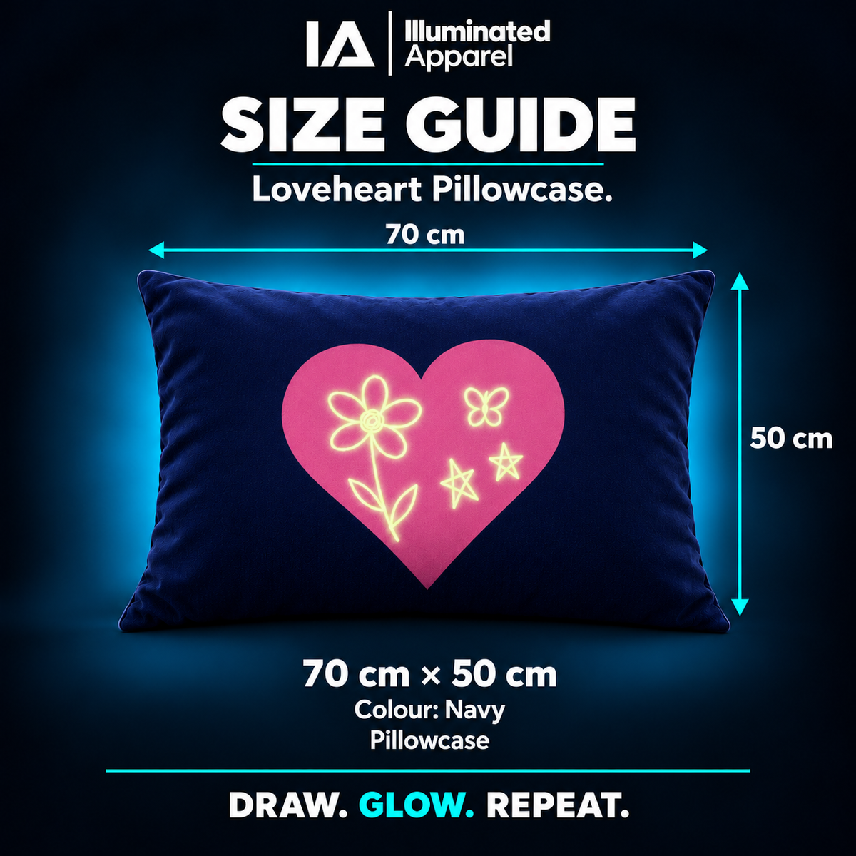 Glow Sketch pillowcase size guide: 70 cm by 50 cm