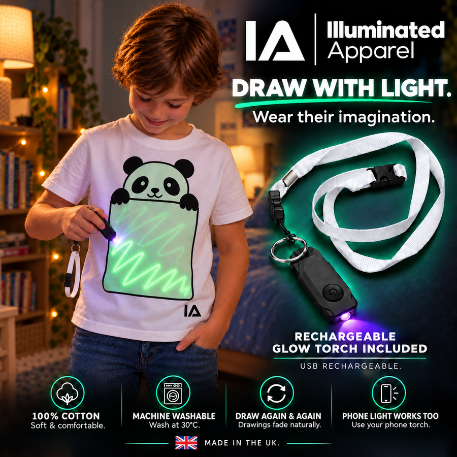 Draw with light. Wear their imagination. Rechargeable glow torch included, 100% cotton, machine washable at 30°C, draw again and again, phone light works too, made in the UK