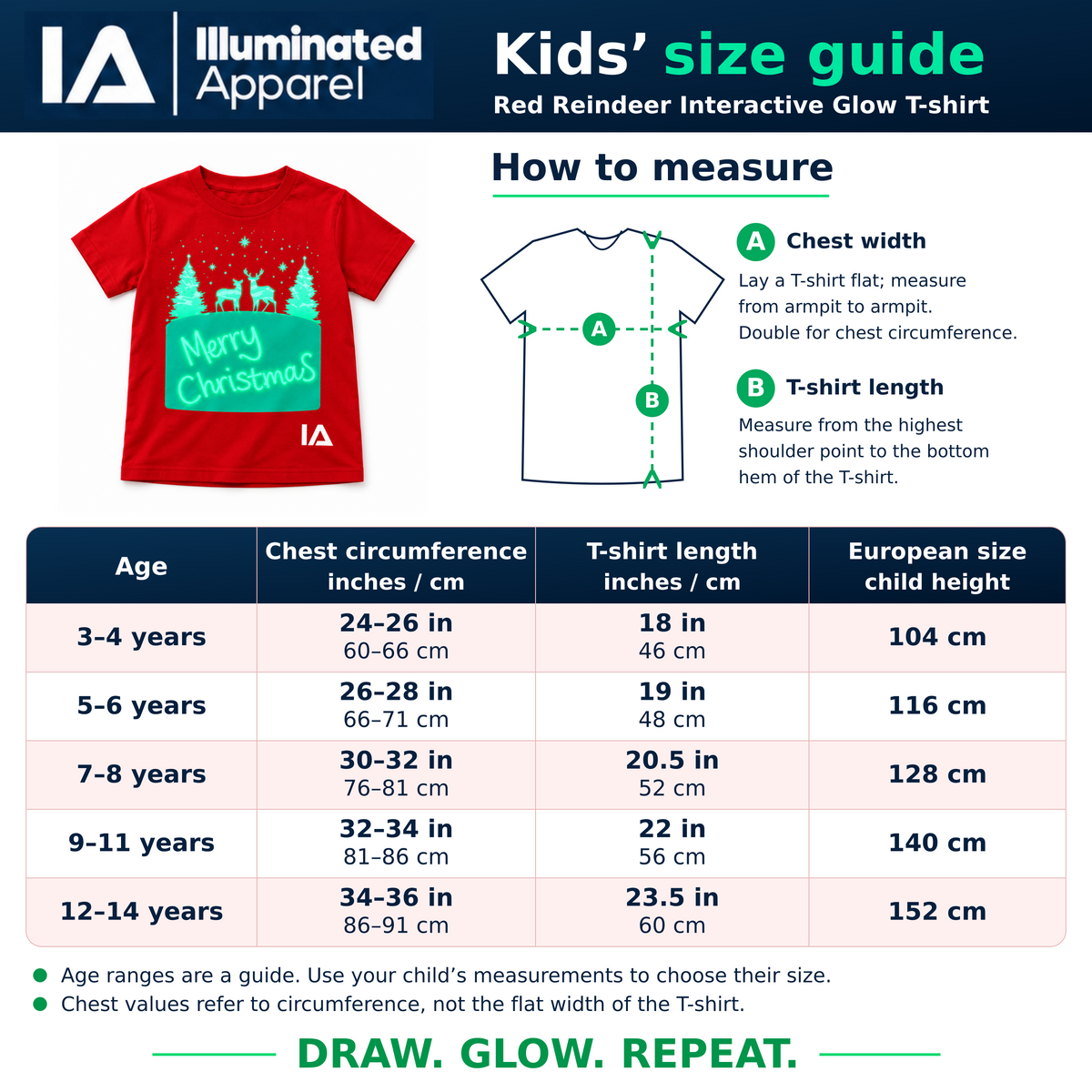 Kids size guide: how to measure, chest, T-shirt length and child height for ages 3 to 14