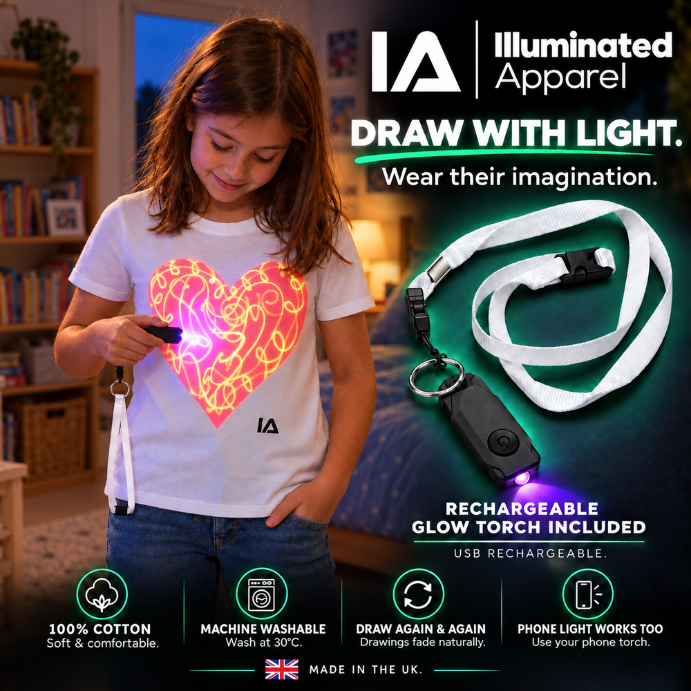 Kids’ Love Heart Interactive Glow T-Shirt with Rechargeable Glow Torch