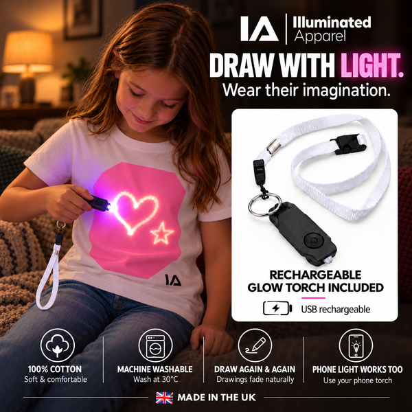 Kids’ White & Pink Glow T-Shirt with Rechargeable Torch