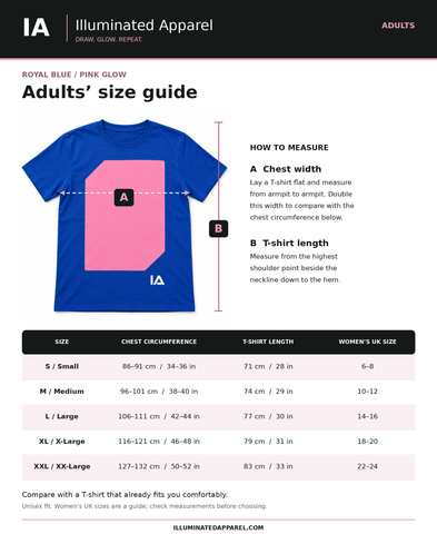 Adults’ Royal Blue and Pink Glow in the Dark T-Shirt with Rechargeable Torch