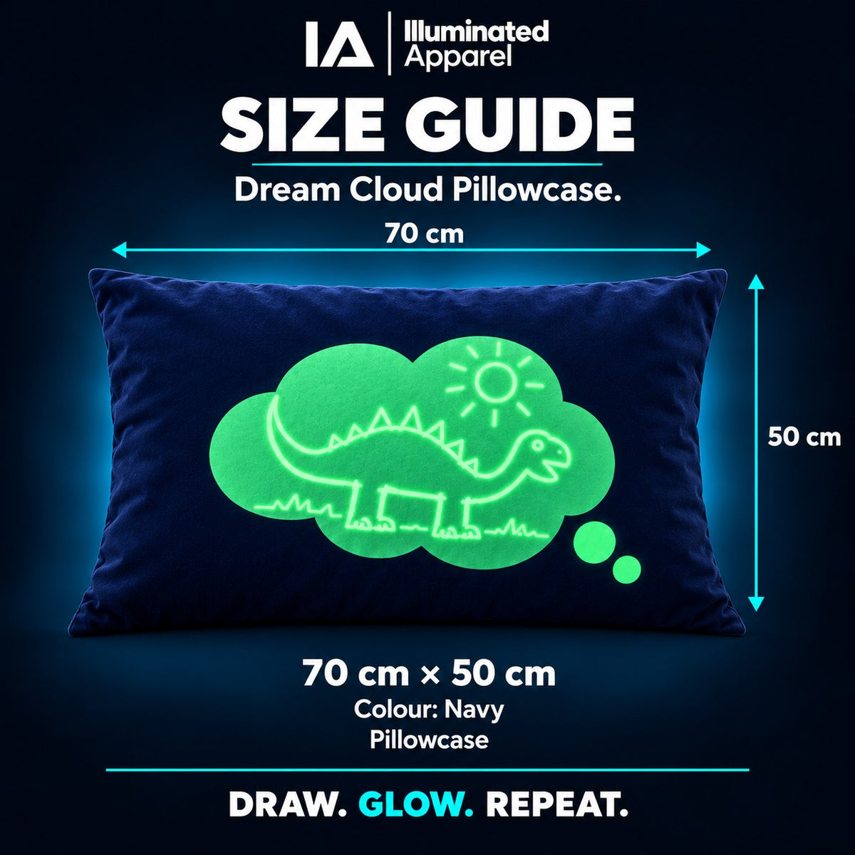 Glow Sketch pillowcase size guide: 70 cm by 50 cm