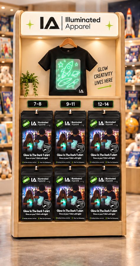 Boutique wooden display with glowing demo T-shirt and packs sorted by age