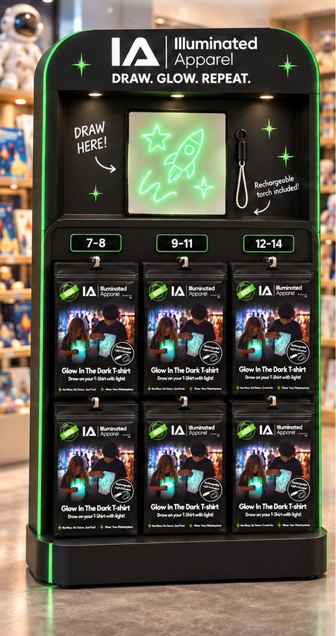 Discovery station display with draw-here glow panel and packs sorted by age