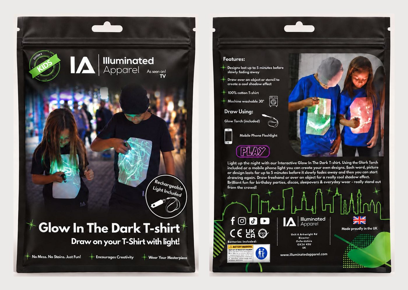 Front and back of the Illuminated Apparel kids' glow T-shirt pack, with hang hole, product photo and features