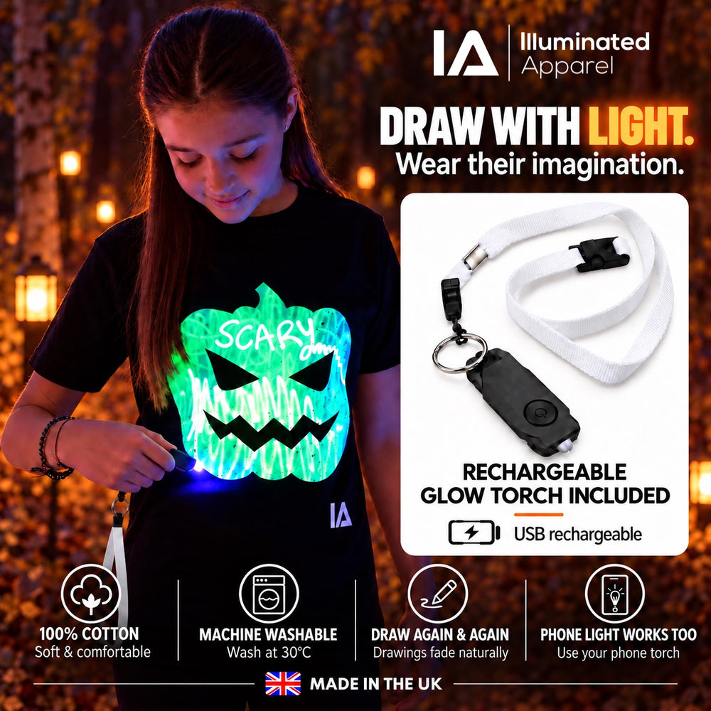 Kids’ Halloween Pumpkin Glow T-Shirt with Rechargeable Glow Torch