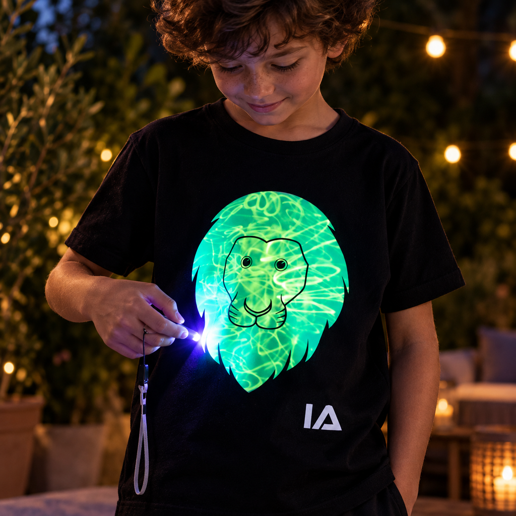 Kids’ Lion Interactive Glow-in-the-Dark T-Shirt – Rechargeable Torch Included