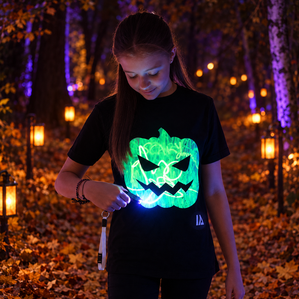 Kids’ Halloween Pumpkin Glow T-Shirt with Rechargeable Glow Torch