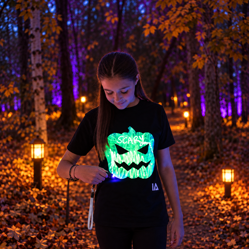 Kids’ Halloween Pumpkin Glow T-Shirt with Rechargeable Glow Torch